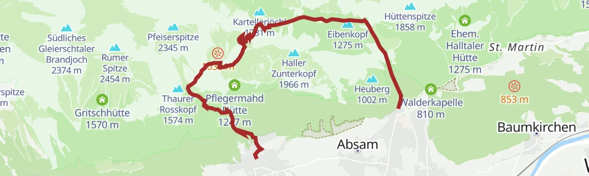 Route map: Über die Thaurer Alm zum Törl und in das Halltal